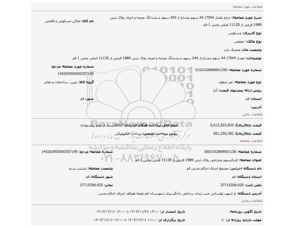 مزایده، مقدار 7544/ 44 سهم مشاع از 240 سهم ششدانگ عرصه و اعیان پلاک ثبتی 1989 فرعی از 11135 اصلی بخش 1 قم