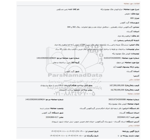 مزایده، فروش ملک موضوع ترکه