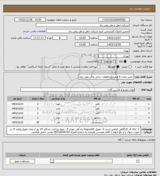 استعلام تامین تعداد 5 قلم انواع قطعات یدکی واگن مولد برق