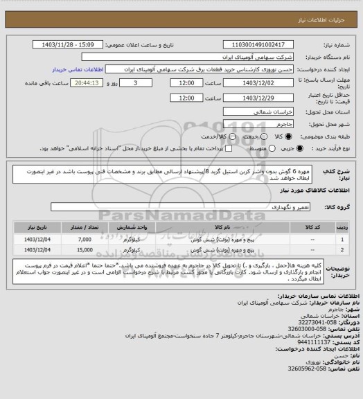 استعلام مهره 6 گوش بدون واشر کربن استیل گرید 8/پیشنهاد ارسالی مطابق برند و مشخصات فنی پیوست باشد در غیر اینصورت ابطال خواهد شد