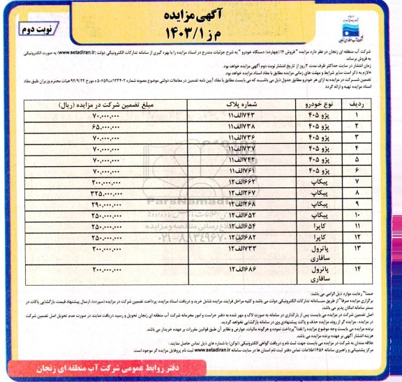 مزایده فروش 14 چهارده دستگاه خودرو