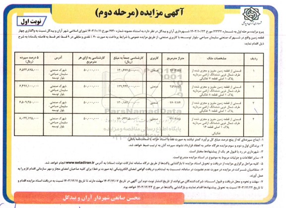 مزایده واگذاری 4 قطعه زمین مرحله دوم