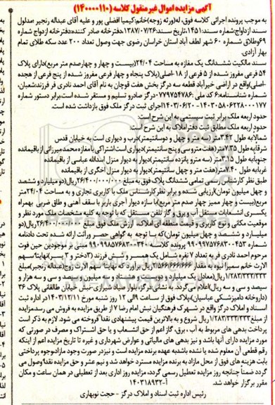 مزایده ششدانگ یک مغازه به مساحت 24.04 مترمربع