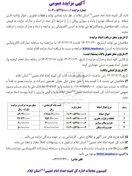 مزایده فروش تعدادی لوازم و قطعات فناوری، اموال و اثاثیه اداری اسقاط و دو دستگاه خودرو