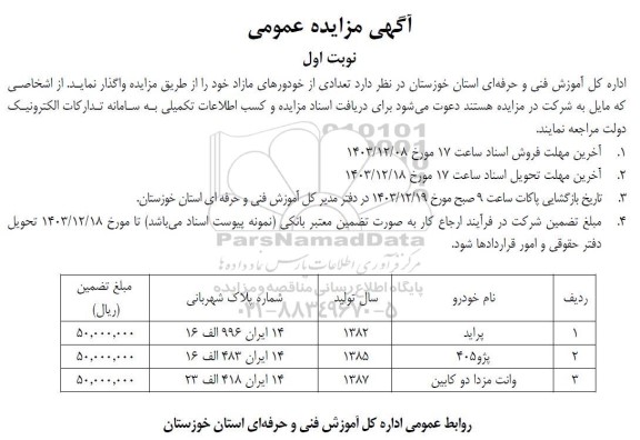 مزایده فروش تعدادی از خودروهای مازاد  
