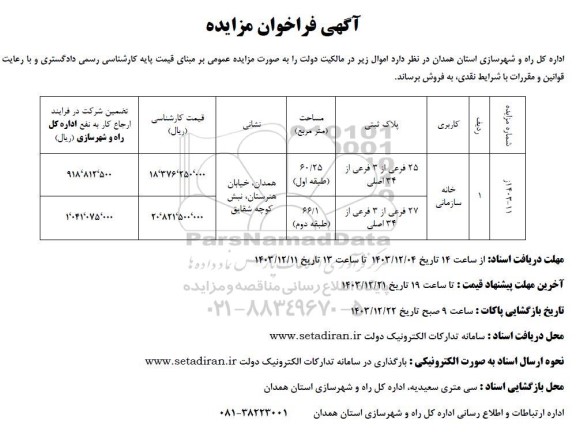 مزایده فروش ملک با کاربری خانه سازمانی
