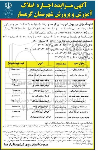 آگهی مزایده اجاره املاک