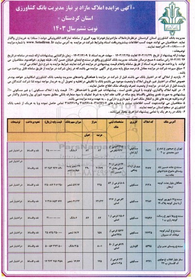 مزایده املاک مازاد بر نیاز مدیریت بانک - نوبت ششم