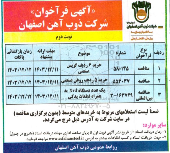 فراخوان خرید 6 ردیف گریس صنعتی...- نوبت دوم