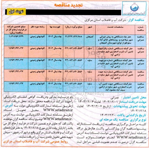 تجدید مناقصه  حفر چاه دستگاهی به روش دورانی شهر... 