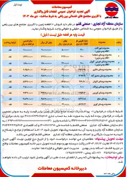 تجدید فراخوان عمومی قطعات قابل واگذاری با کاربری مجتمع های خدماتی بین راهی به شرط ساخت