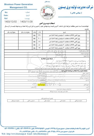 استعلام خرید ورق آهنی