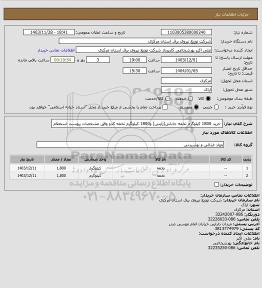 استعلام خرید 1800 کیلوگرم تخمه جابانی(ژاپنی) و1800 کیلوگرم تخمه کدو وفق مشخصات پیوست استعلام