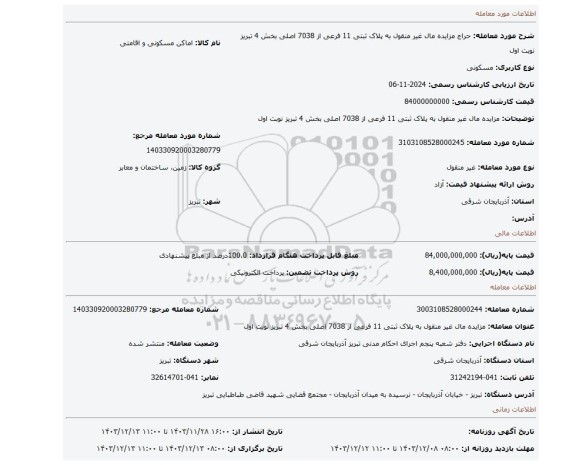 مزایده، مزایده مال غیر منقول به پلاک ثبتی 11 فرعی از 7038 اصلی بخش 4 تبریز نوبت اول