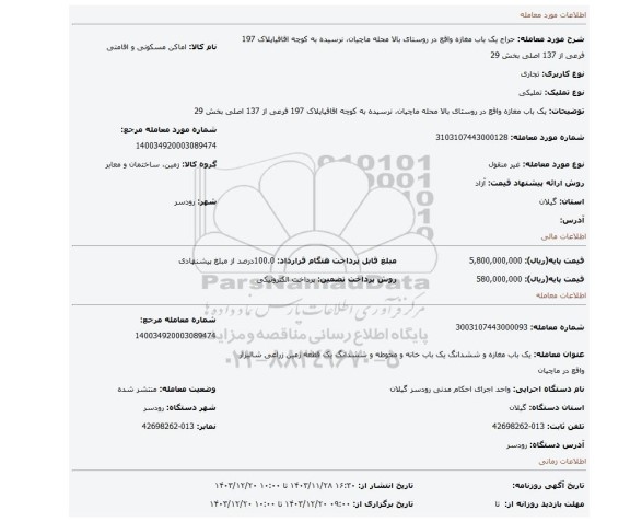 مزایده، یک باب مغازه واقع در روستای بالا محله ماچیان، نرسیده به کوچه اقاقیاپلاک 197 فرعی از 137 اصلی بخش 29