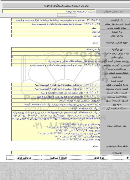 مزایده, مزایده عمومی فروش خودروهای مازاد بر نیاز شرکت آب منطقه ای کرمان