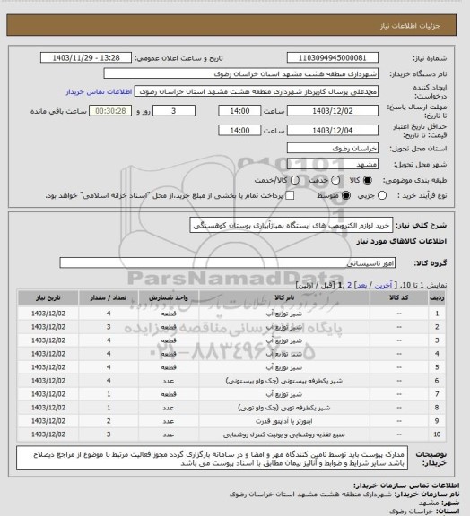 استعلام خرید لوازم الکتروپمپ های ایستگاه پمپاژآبیاری بوستان کوهسنگی