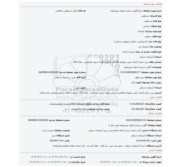 مزایده، آگهـی مـزایده امـوال غیرمنقـول