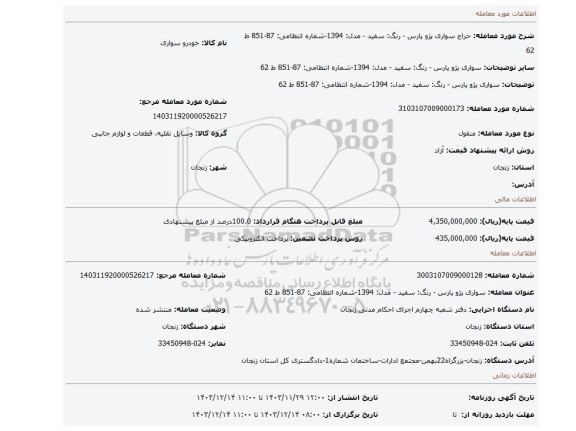 مزایده، سواری پژو پارس - رنگ: سفید - مدل: 1394-شماره انتظامی: 87-851 ط 62