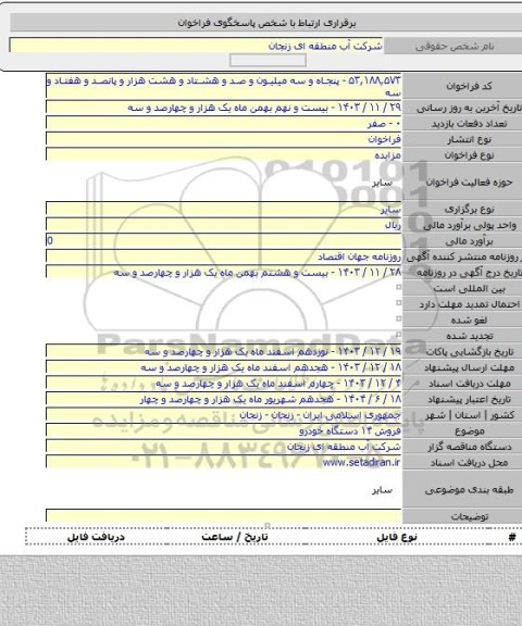 مزایده, فروش ۱۴ دستگاه خودرو