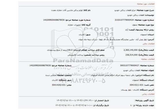 مزایده، قطعات یدکی خودرو