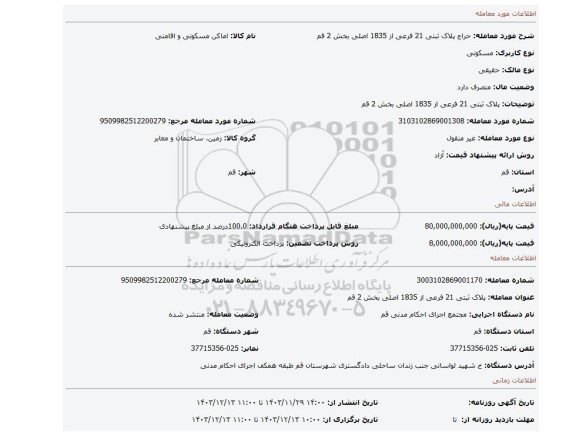 مزایده، پلاک ثبتی 21 فرعی از 1835 اصلی بخش 2 قم