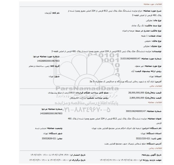 مزایده، مزایده ششدانگ ملک پلاک ثبتی 812 فرعی از 224 اصلی  مفروز ومجزا شده  از پلاک 481 فرعی  از اصلی قطعه 3
