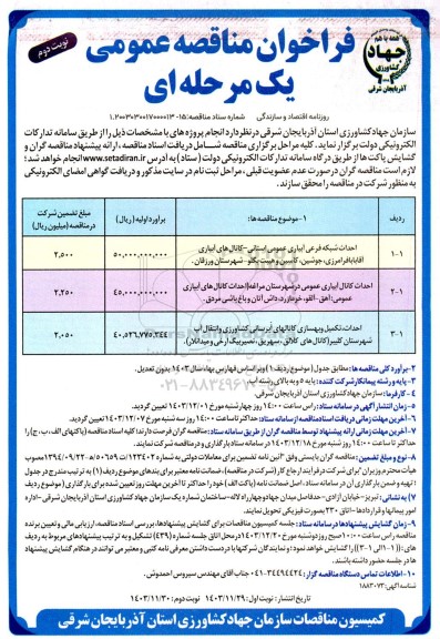 مناقصه احداث شبکه فرعی آبیاری عمومی استانی کانالهای آبیاری ....- نوبت دوم