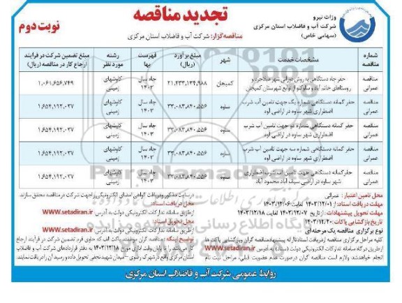 تجدید مناقصه  حفر چاه دستگاهی به روش دورانی شهر...  نوبت دوم 