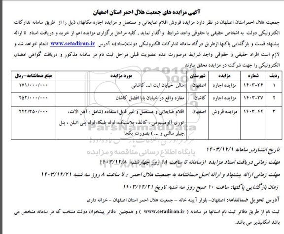 مزایده فروش اقلام ضایعاتی و مستعمل و مزایده اجاره مکانهای