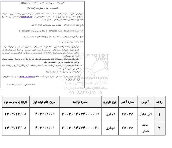 مزایده عمومی فروش املاک و مستغلات