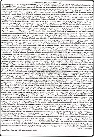 مزایده میزان دو نهم سهم مشاع از ششدانگ یک قطعه آپارتمان مسکونی به پلاک ثبتی 22 فرعی از 1567 اصلی