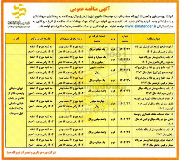 مناقصه تهیه، طبخ و توزیع غذا پرسنل نیروگاه و...