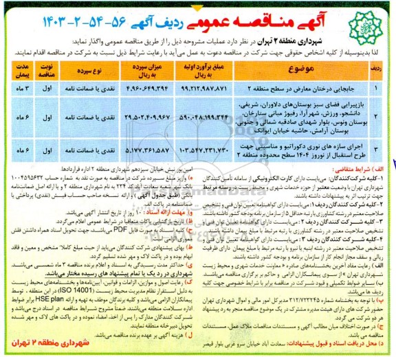 مناقصه جابجایی درختان معارض در سطح منطقه 2 ....