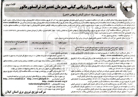 مناقصه عمومی سرویس ، تعمیر اساسی و بازسازی انواع ترانسفورماتور های قدرت 15kva ...- نوبت دوم 