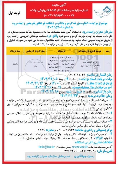 مزایده اجاره مزرعه گردو و بادام در دهکده فرهنگی تفریحی