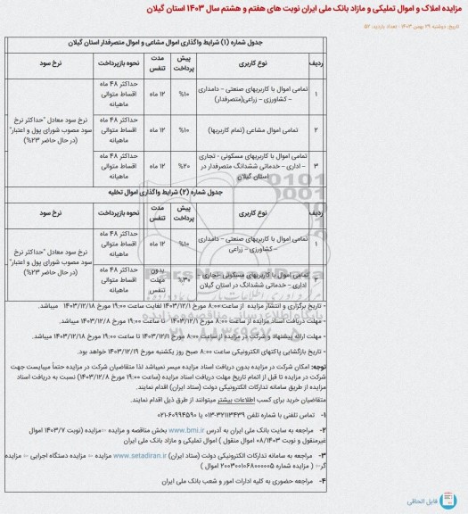 مزایده املاک و اموال تملیکی و مازاد نوبت های هفتم و هشتم 