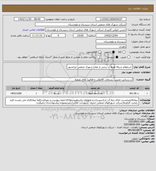 استعلام استعلام شبکه توزیع آب برخی از معابر شهرک صنعتی ایرانشهر