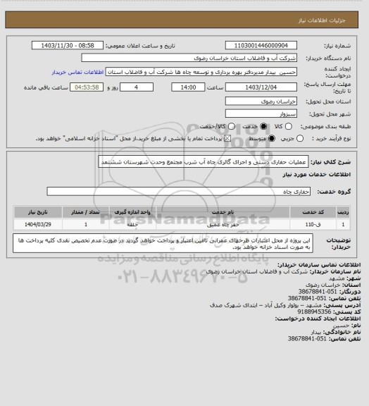 استعلام عملیات حفاری دستی و اجرای گالری چاه آب شرب مجتمع وحدت شهرستان ششتمد