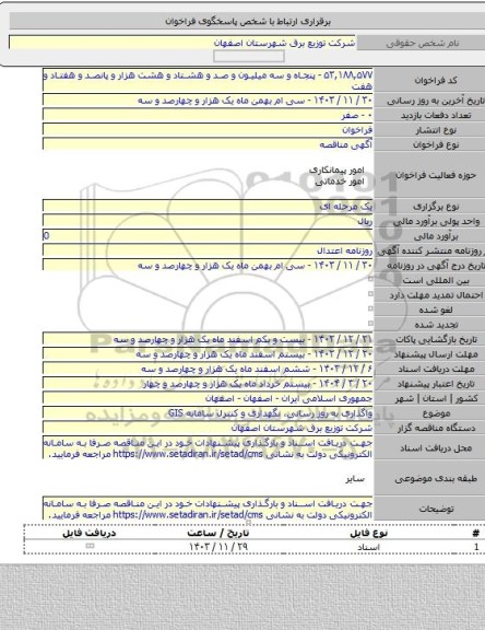 مناقصه, واگذاری به روز رسانی، نگهداری و کنترل سامانه GIS
