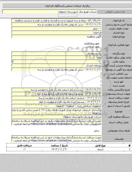 مناقصه, واگذاری خدمات اپراتوری مرکز فوریت های برق( ۱۲۱ )،عیب یابی کابل و دیزل ژنراتورها