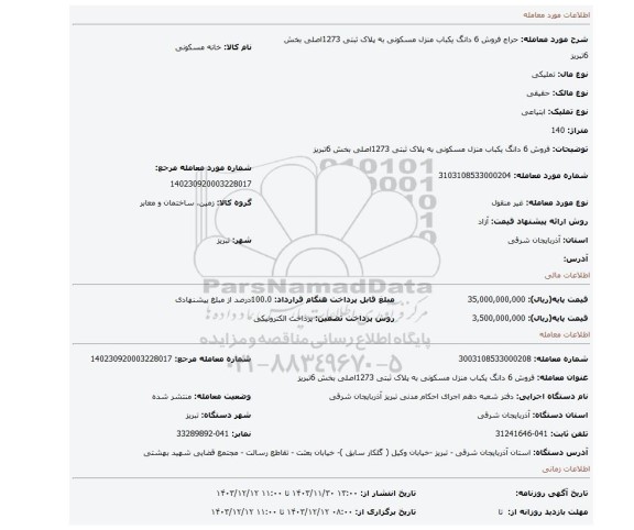 مزایده، فروش 6 دانگ یکباب منزل مسکونی به پلاک ثبتی 1273اصلی بخش 6تبریز