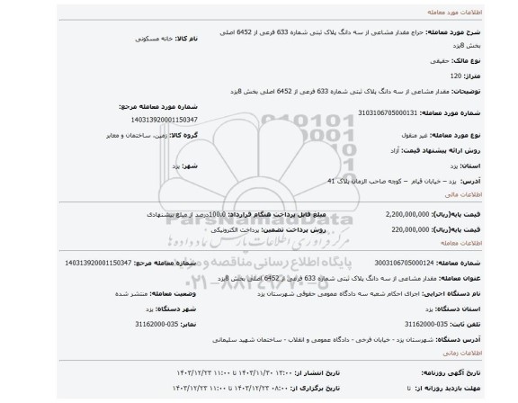 مزایده، مقدار مشاعی از سه دانگ پلاک ثبتی شماره 633 فرعی از 6452 اصلی بخش 8یزد