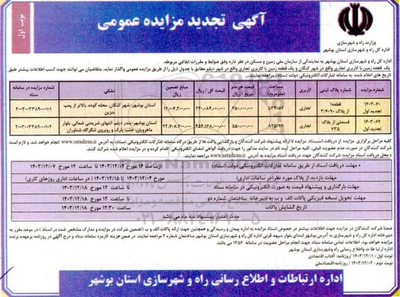 تجدید مزایده واگذاری یک قطعه زمین با کاربری تجاری