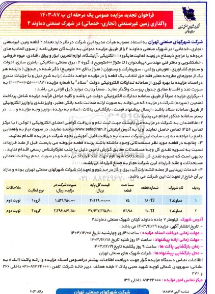 تجدید مزایده واگذاری زمین غیر صنعتی (تجاری - خدماتی) 
