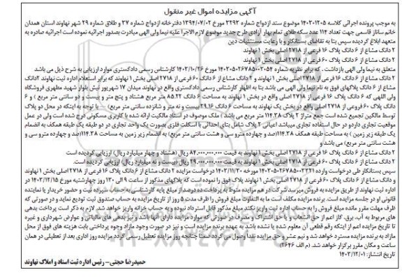 مزایده 2 دانگ مشاع از 6 دانگ 16 فرعی از 2718 اصلی بخش 1 نهاوند 