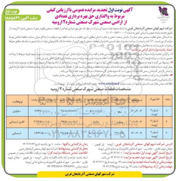 تجدید مزایده حق بهره برداری تعدادی از اراضی صنعتی شهرک صنعتی شماره 2  ...