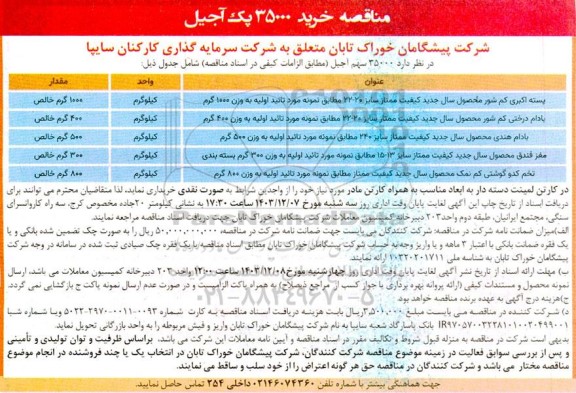 مناقصه خرید 35000 پک آجیل 