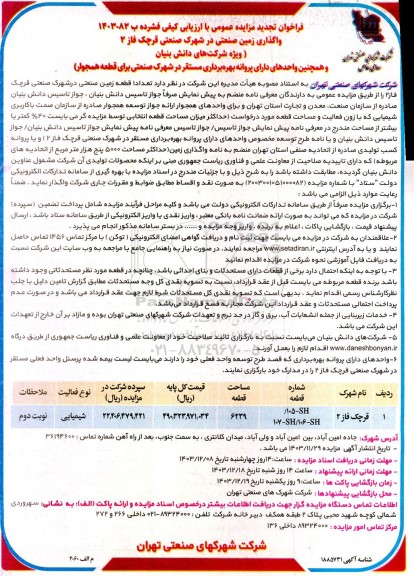 مزایده عمومی واگذاری زمین صنعتی در شهرک صنعتی قرچک فاز 2