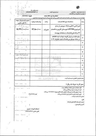 استعلام فیبرکشی داخلی و ارائه سرویس در بستر فیبر نوری FTTH شهرستان کازرون 